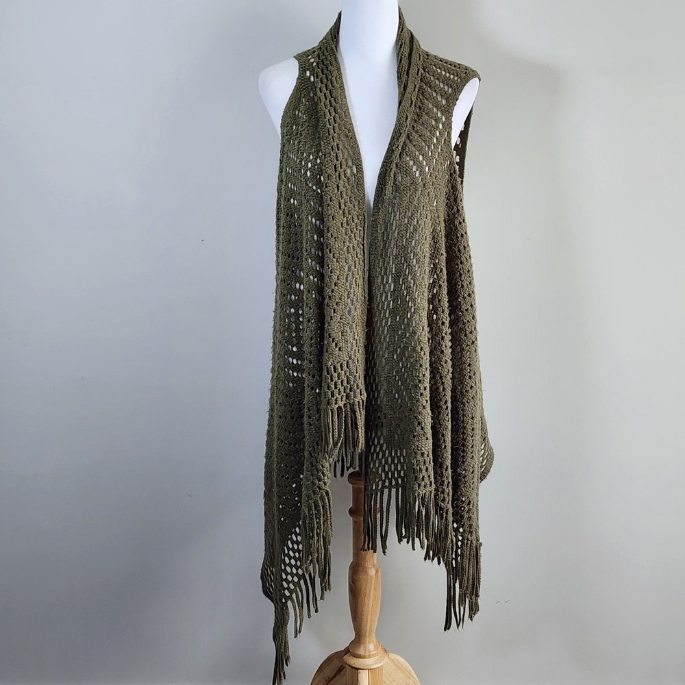 Crochet Fringe Vest Womens One Size Green Olive Open Knit Boho Festival Sweater